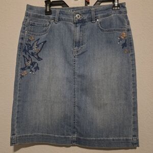 Style & Co. Blue Denim Skirt Embroidered Birds Floral CottageCore Boho Womens 6